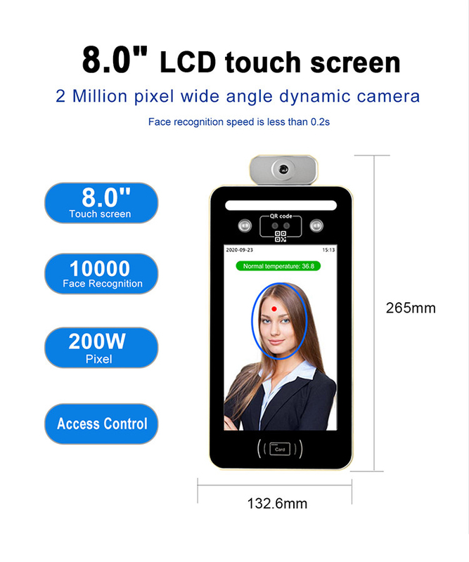 8inch LCD Face Reading Biometric Machine Temperature 512M DDR3 DC12V 2A